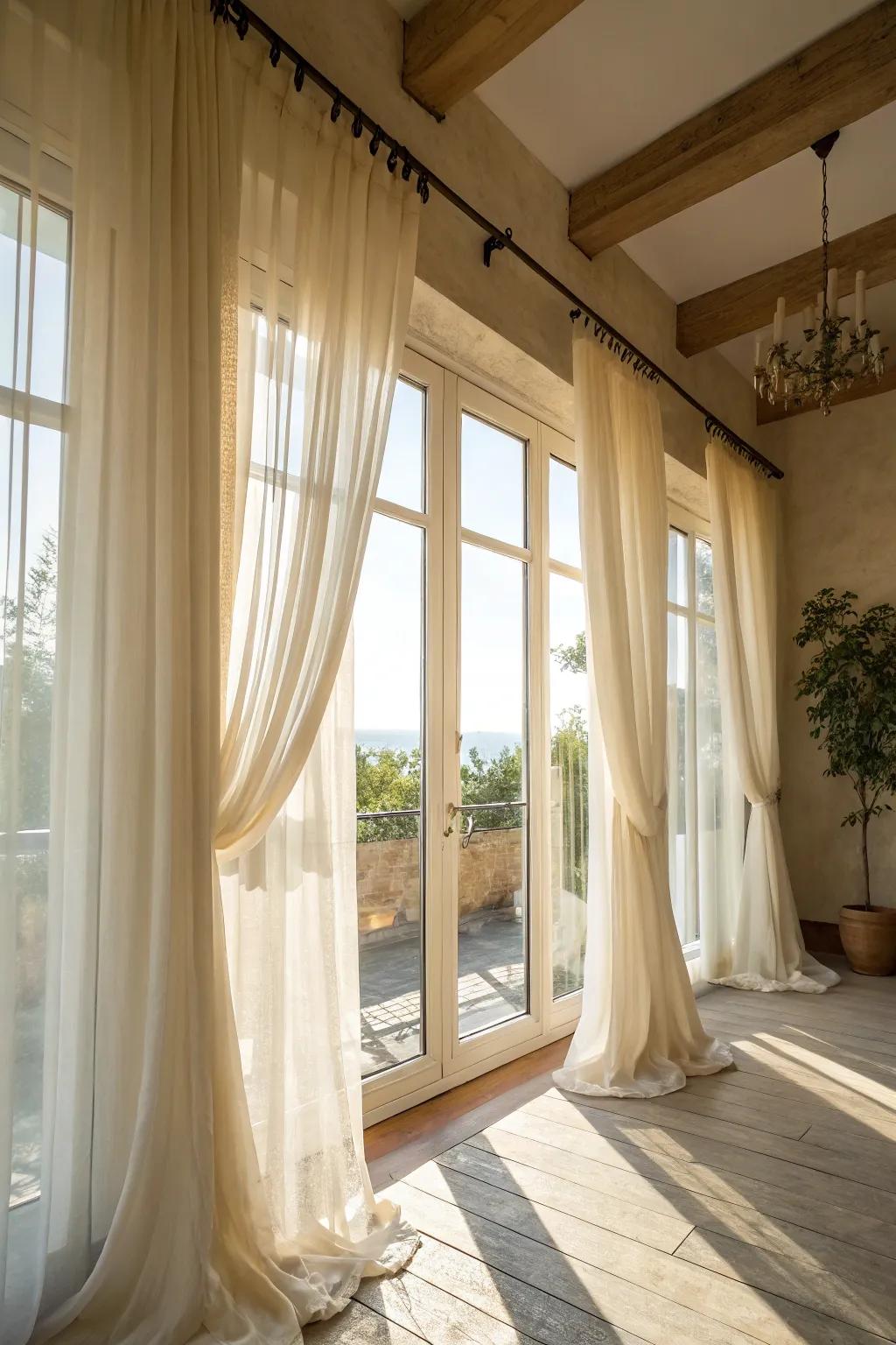 Light-shaded sheer drapes wonderfully amplify natural light.
