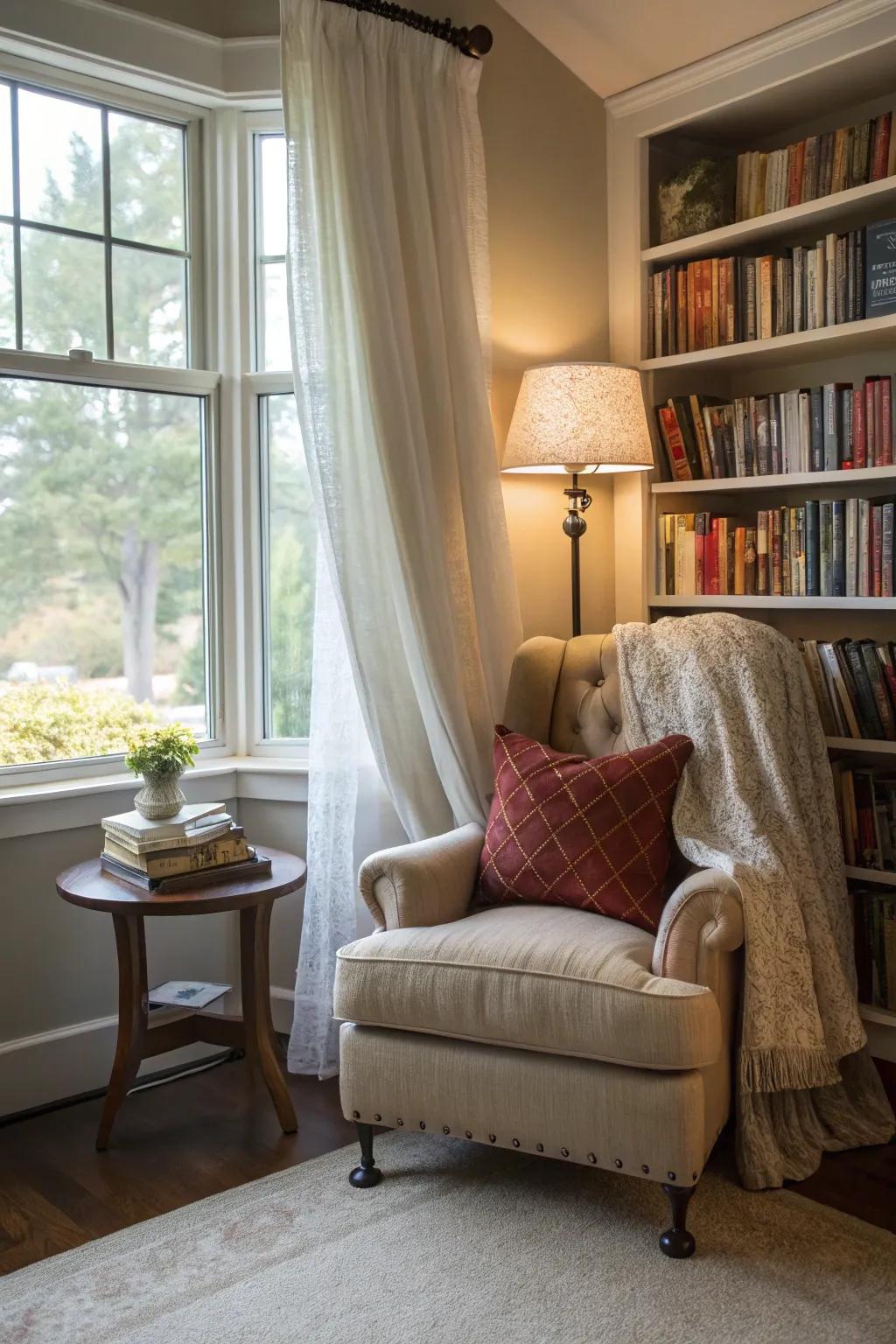 Panel screen delineating a snug perusing nook.