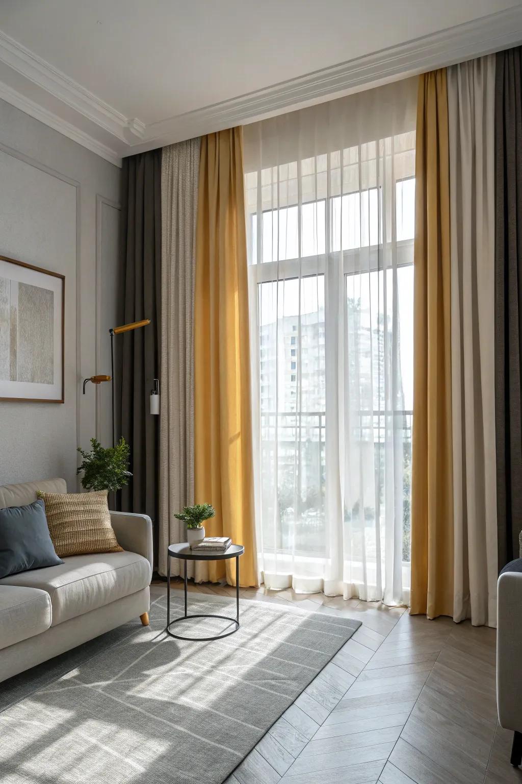 Two-tone window coverings add depth and dimension to the decor.