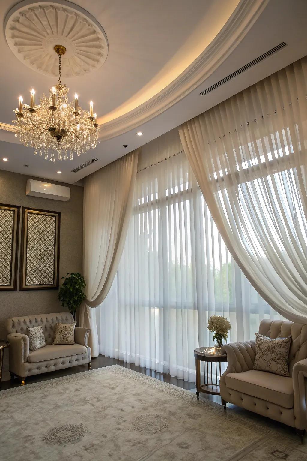 Ceiling-mounted light drapes introduce elegance and drama.