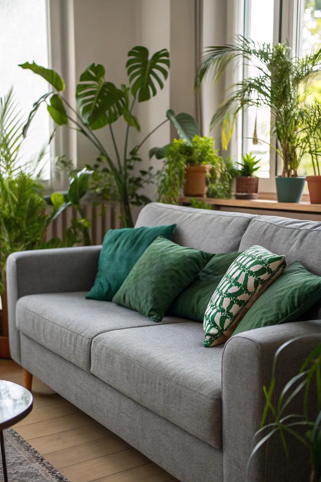 Green cushions infuse a refreshing, nature-inspired sensation to a grey sofa.