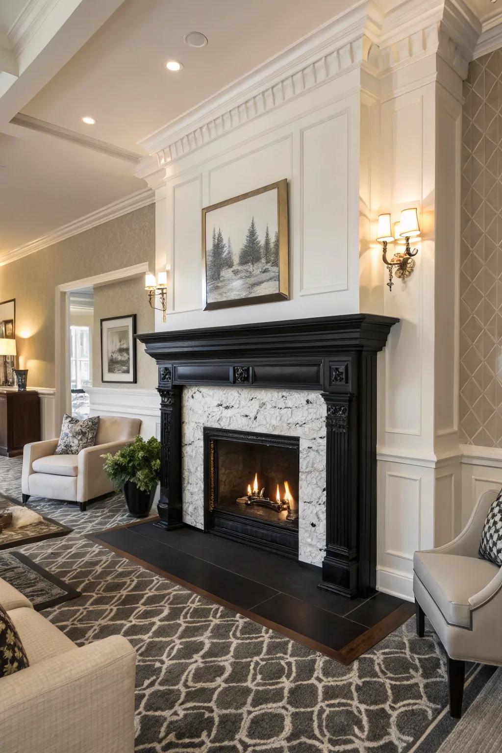 A black and white fireplace exudes timeless elegance.