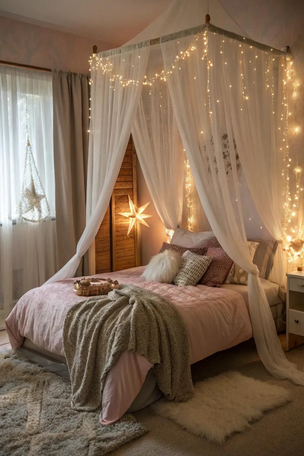 Draped beds inject magic and solitude into the setting.
