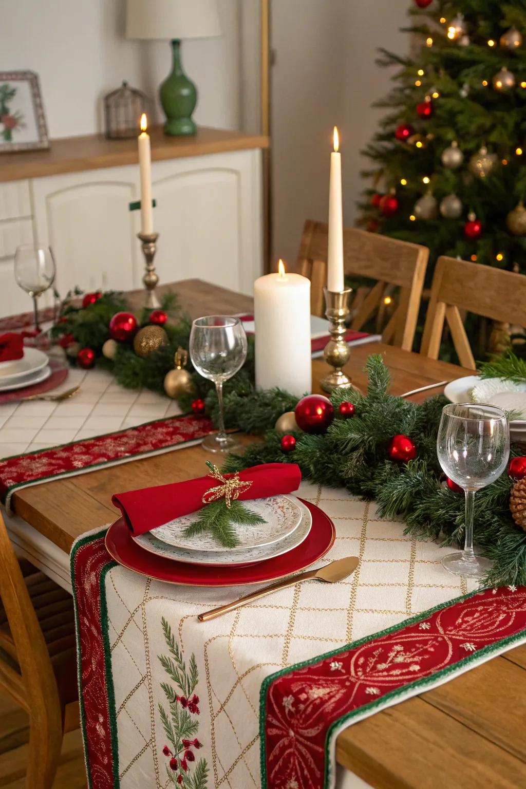 A decorative table runner enhances any holiday feast.