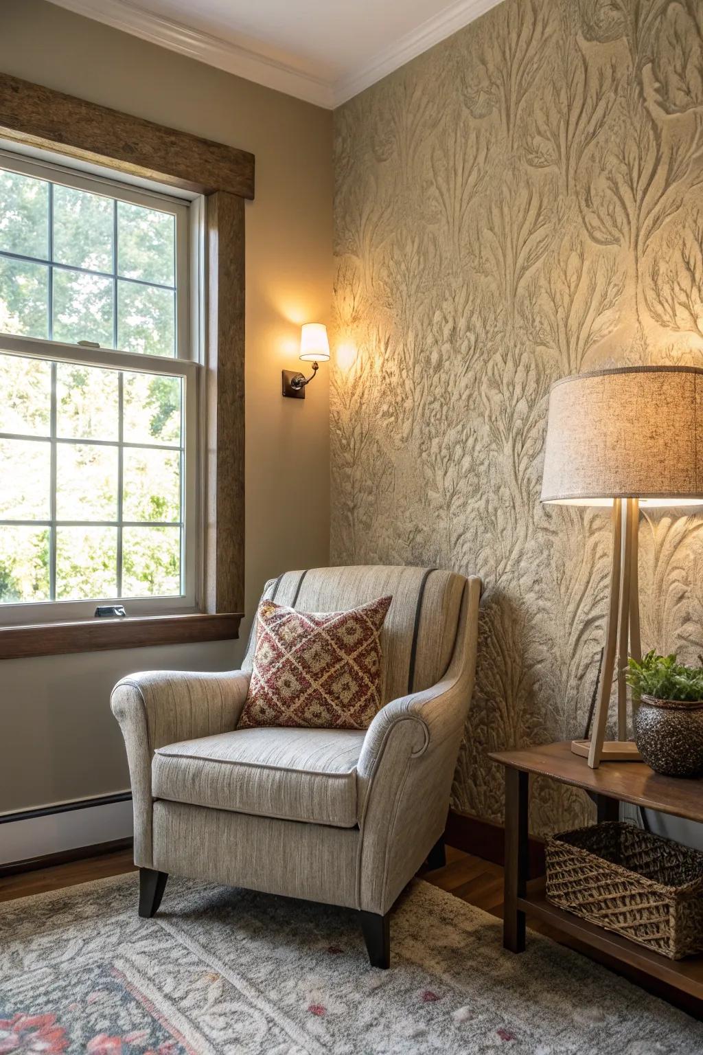 A textured wall and a unique chair make a welcoming area.