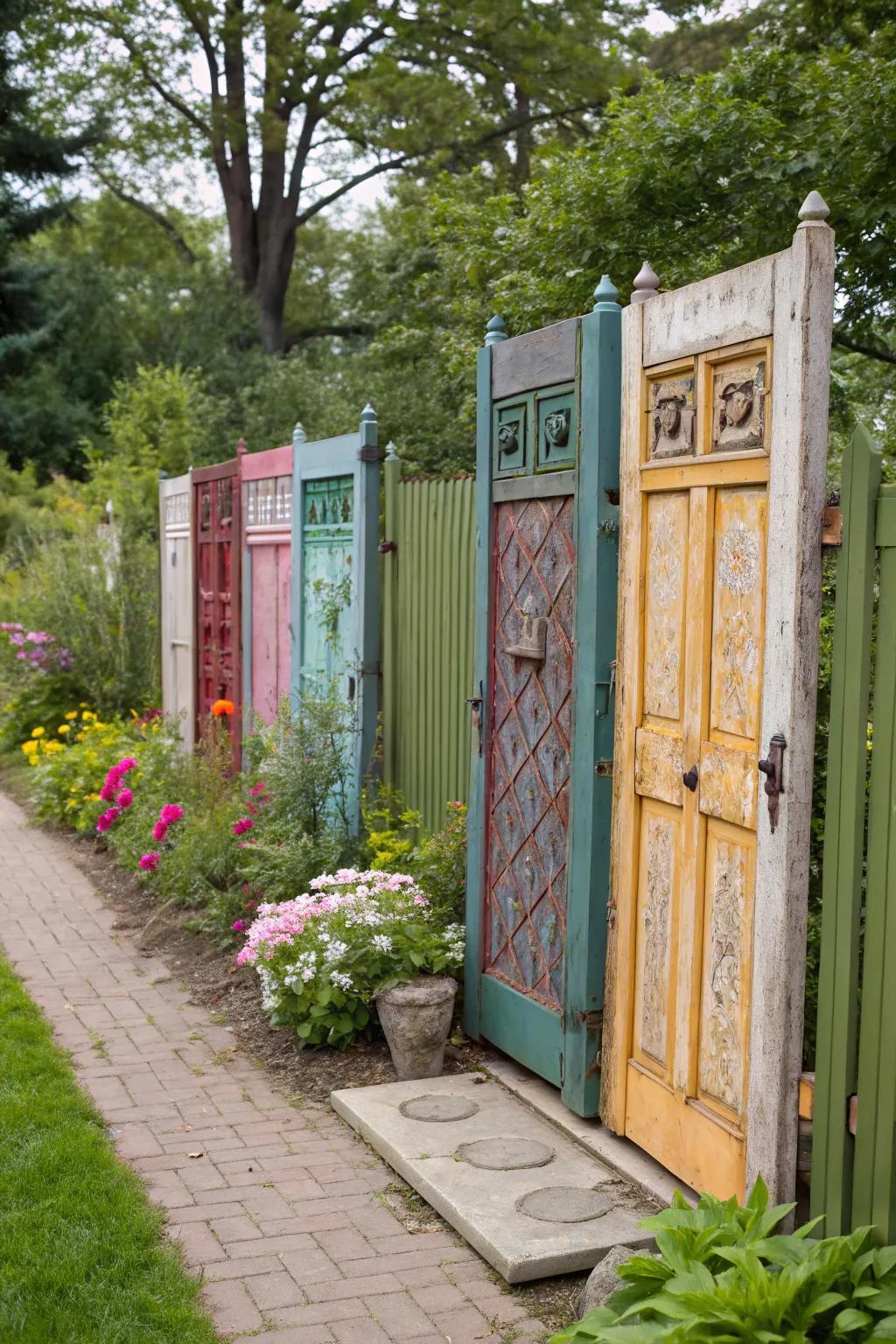 A fence made of recycled doors provides rustic elegance and creativity.