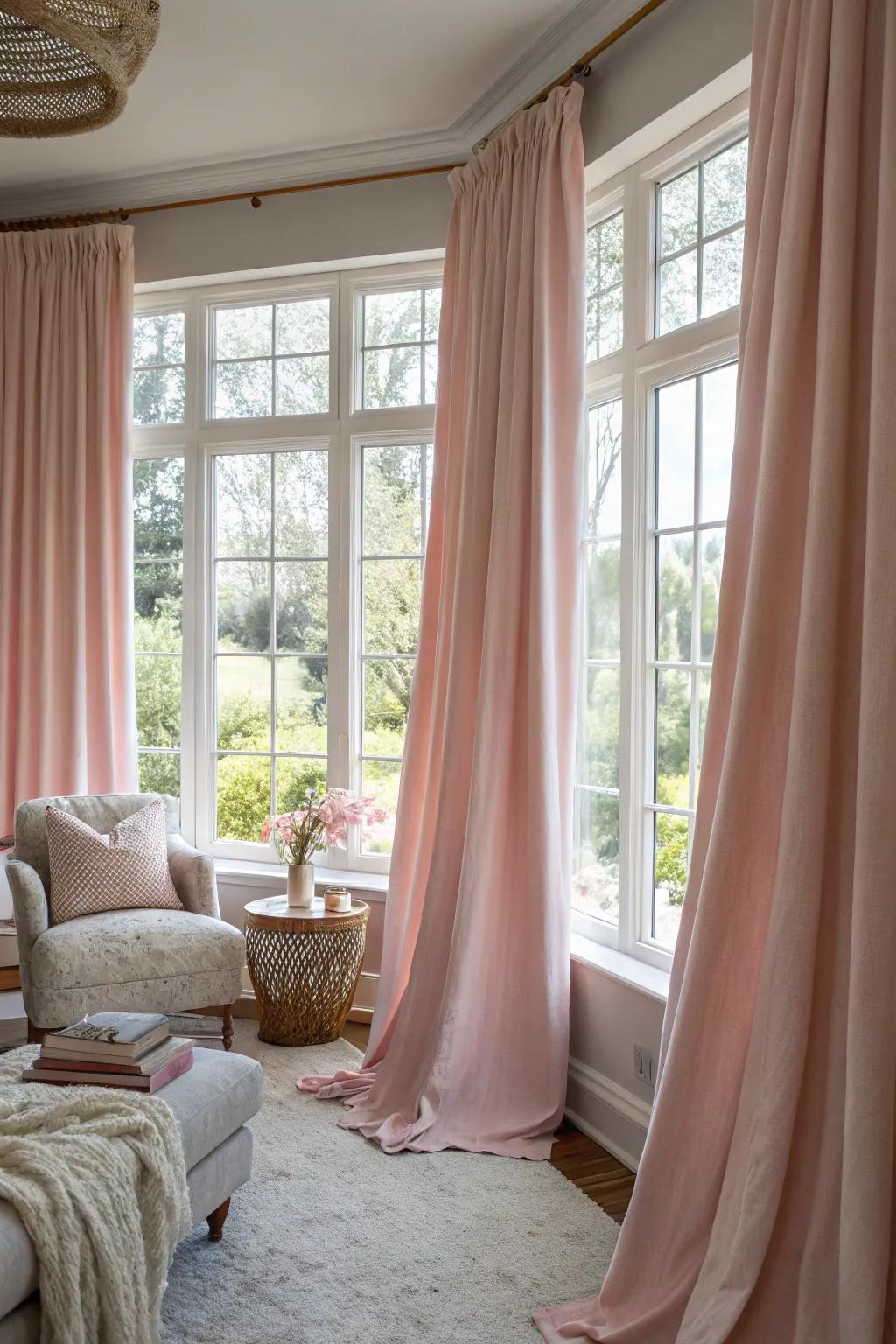 Roseate curtains add a delicate and refined touch to the living room.