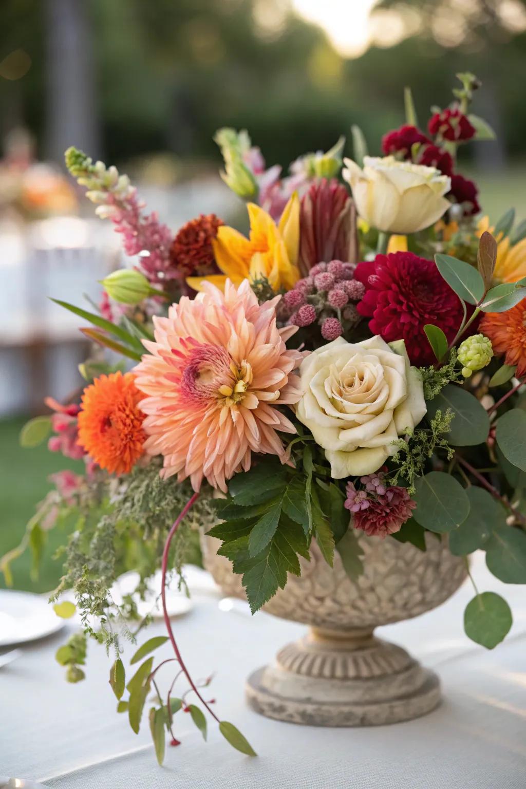 A vibrant bloom centerpiece adding elegance to the dining table.