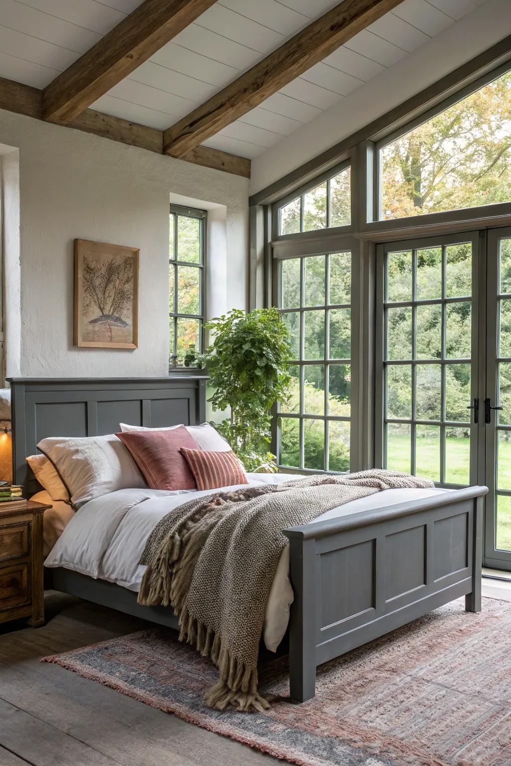 The beauty of a deep charcoal bed frame is enhanced by natural light.