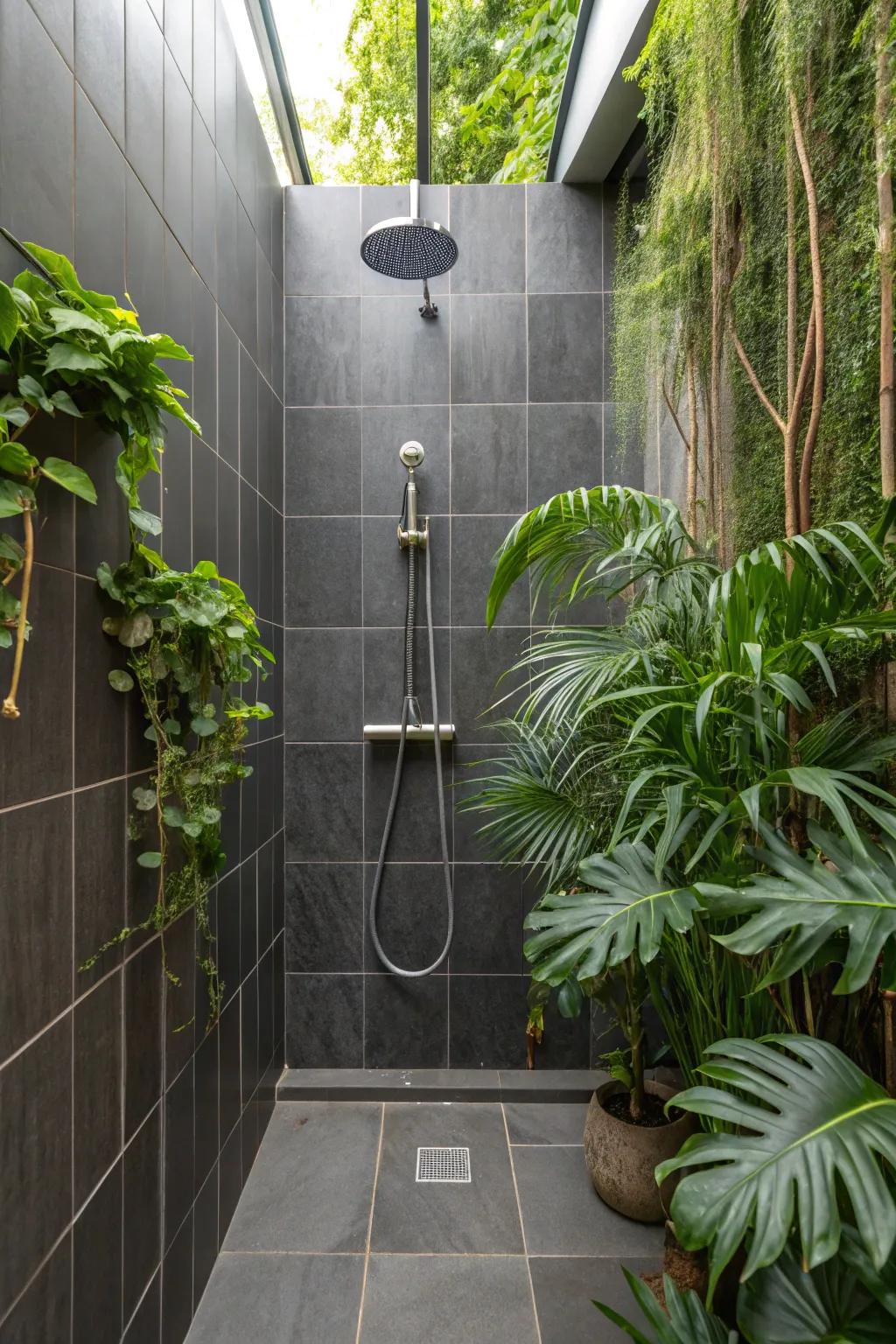 The deep charcoal shower tiles are given a refreshing touch by the plants.