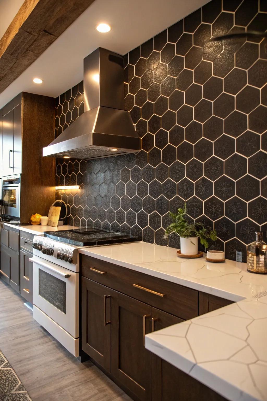 A kitchen elegantly featuring a dark hexagonal tile backsplash.