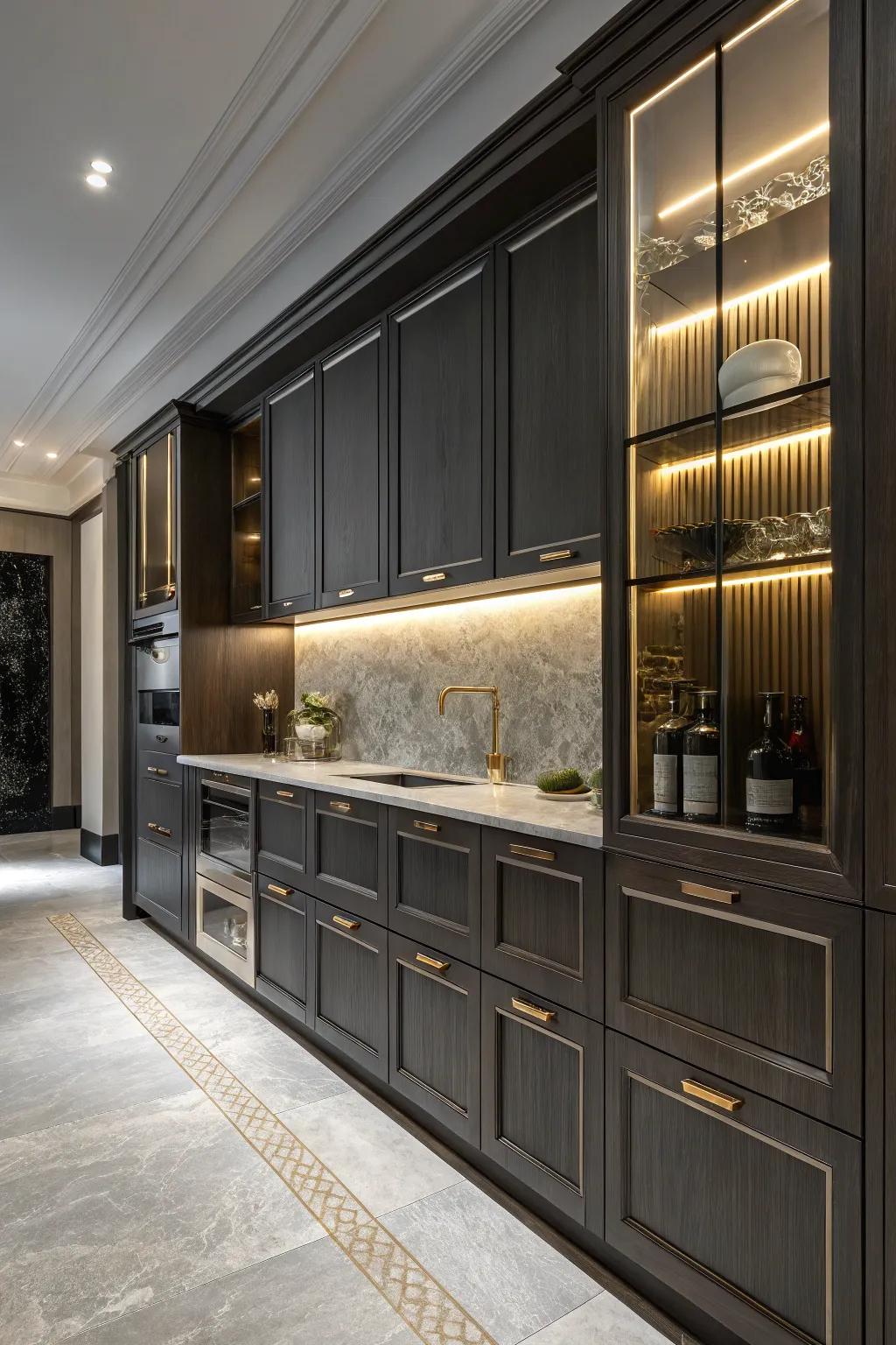 Metallic accents inject a glamorous flair into deep-toned kitchen cabinets.
