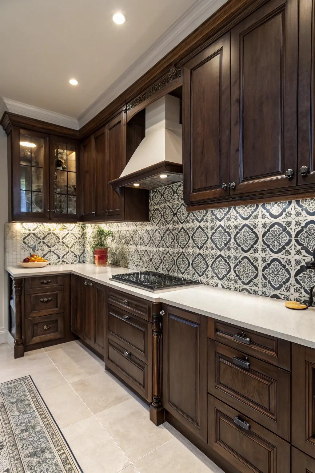 A bold, dark-patterned backsplash creates a dramatic kitchen centerpiece.