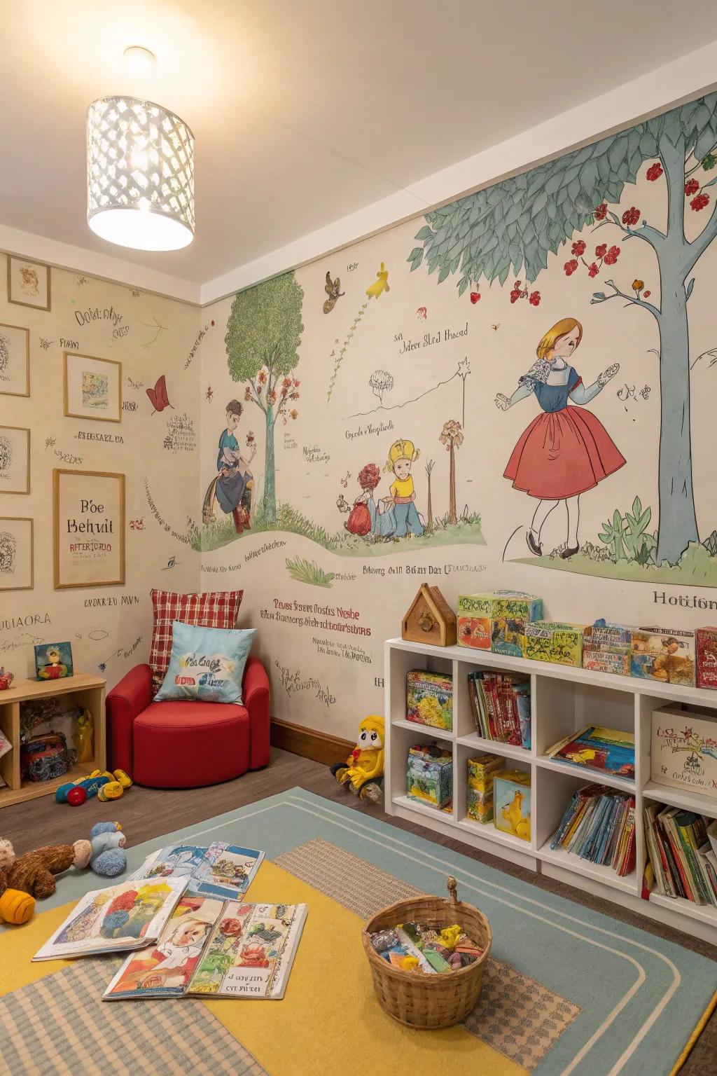 A daycare area with cozy old-fashioned storybook-themed wallpaper.