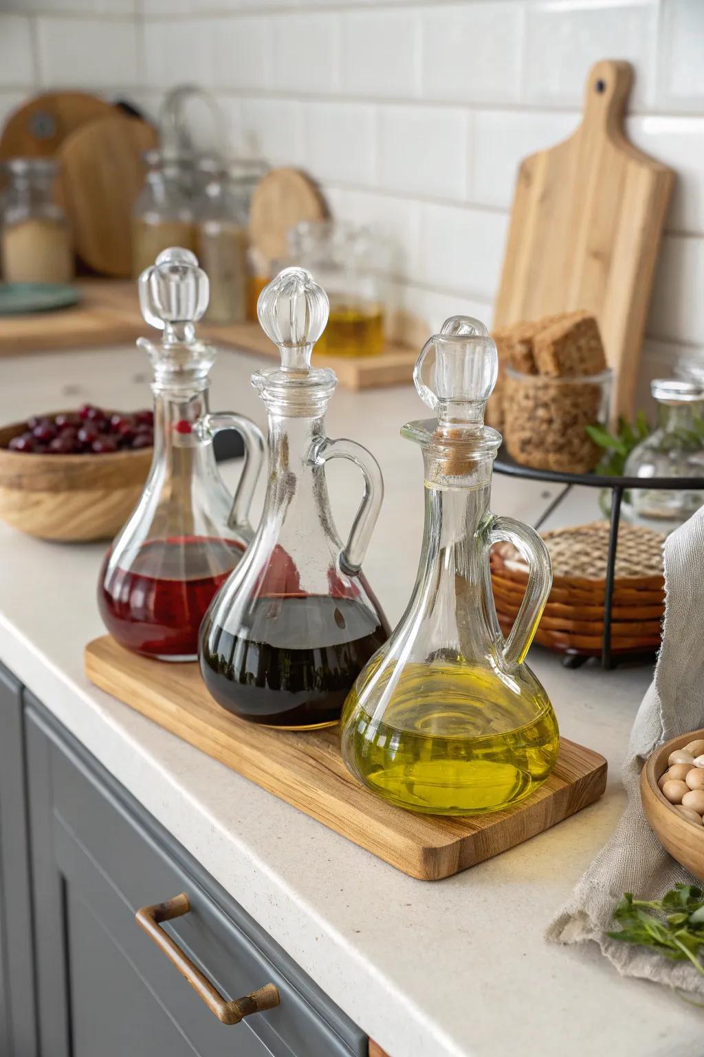 A kitchen counter featuring vessels as practical storage for liquids.