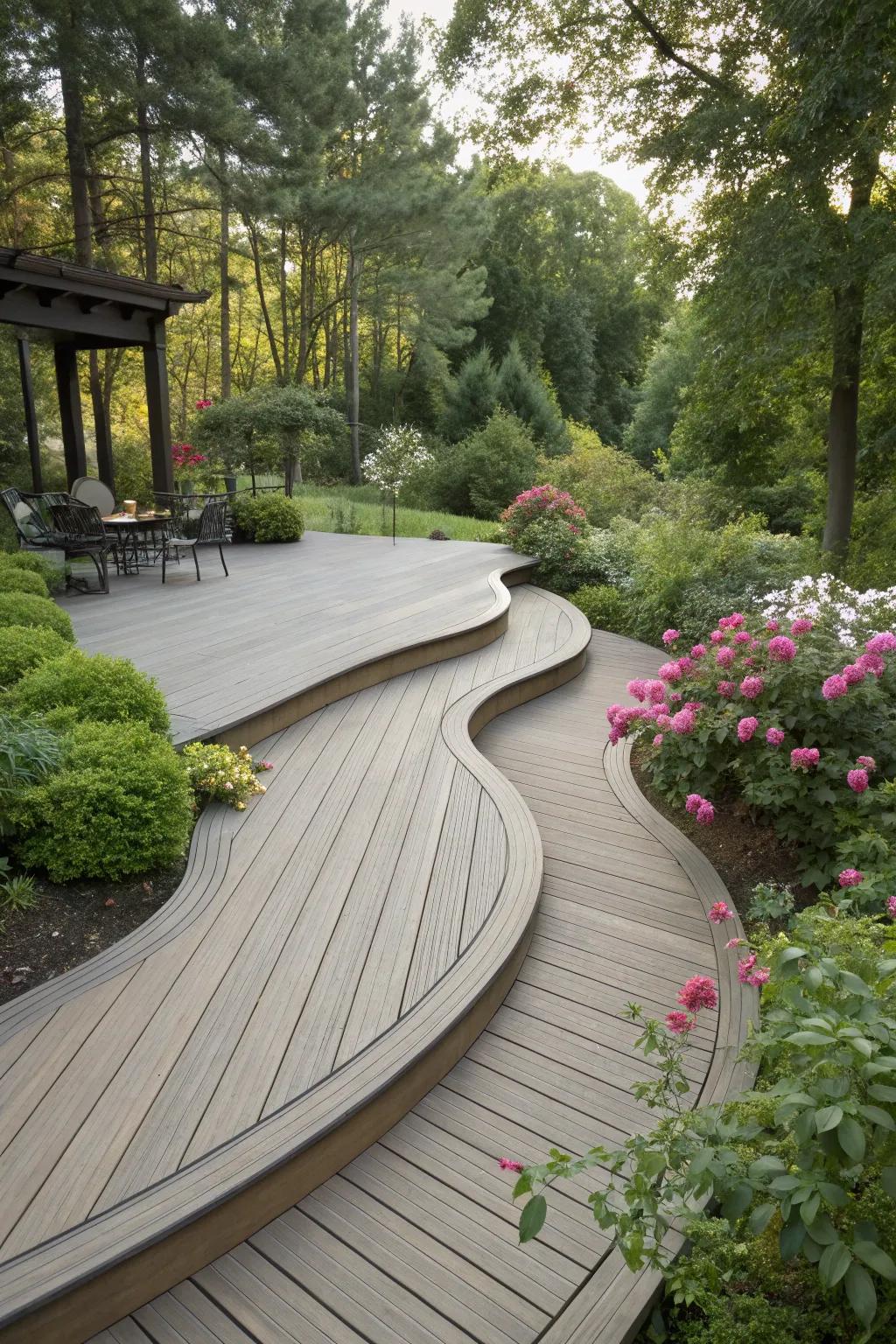 Curved design elements add a unique and graceful touch to this deck.
