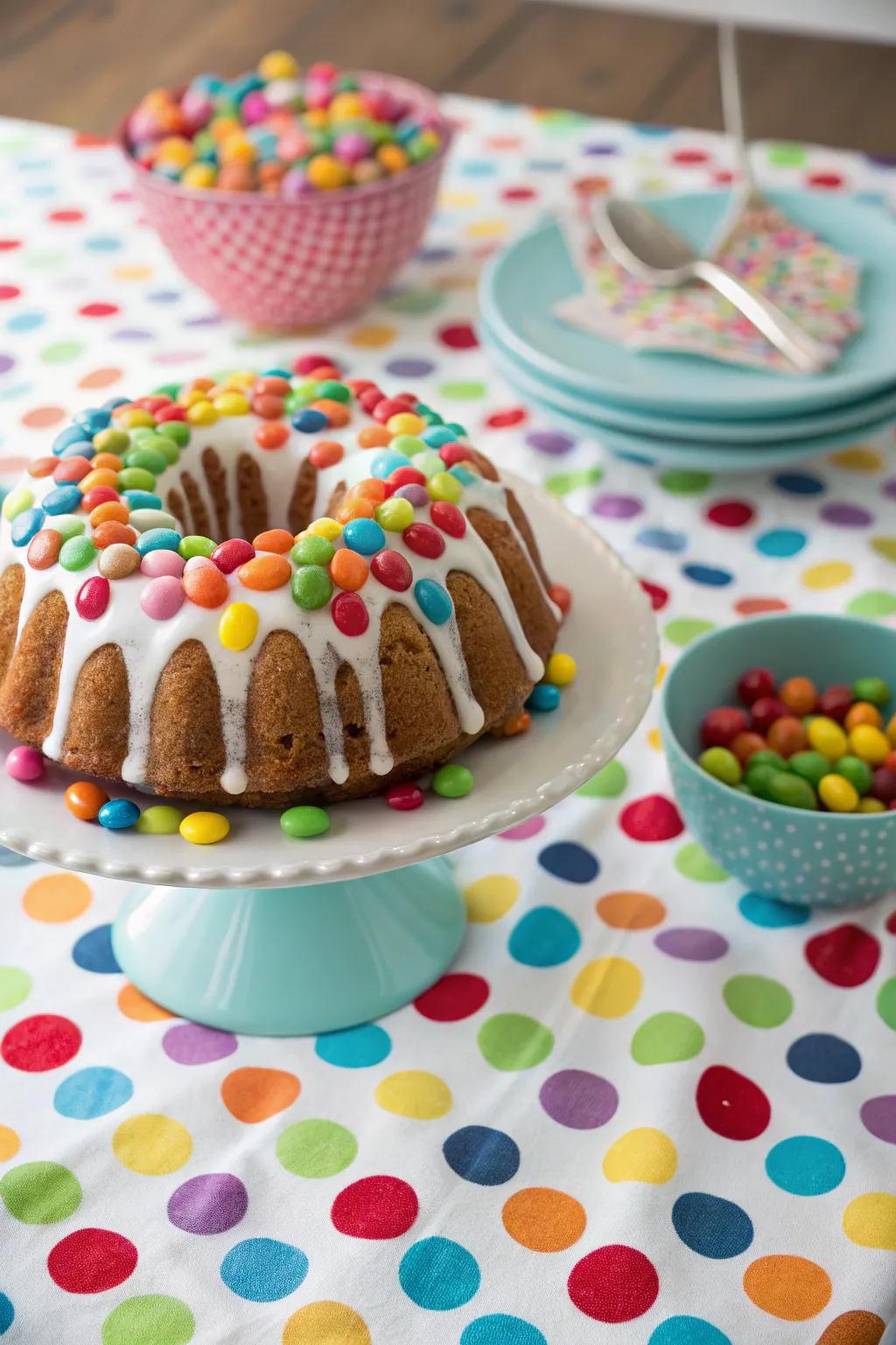 A bundt cake embellished with a variety of colorful candies.