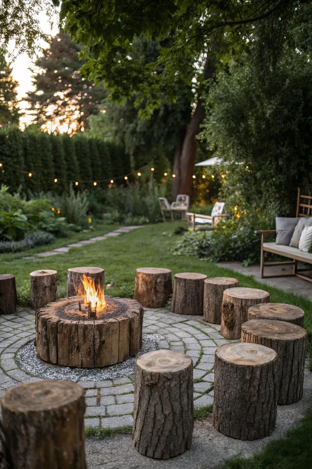Congregate around a comforting campfire with tree-stump seating.