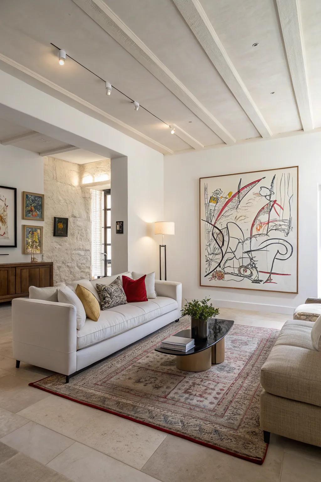 A minimalist living room featuring a large abstract drawing.