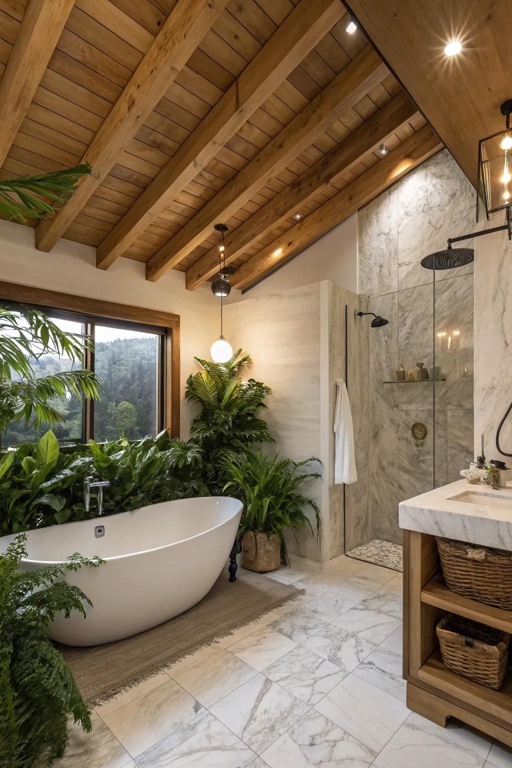 Wooden beams add warmth to a serene bathroom setting.