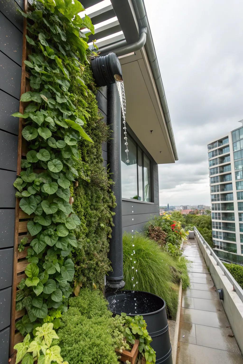 Vertical gardens efficiently harness rainwater within compact settings.
