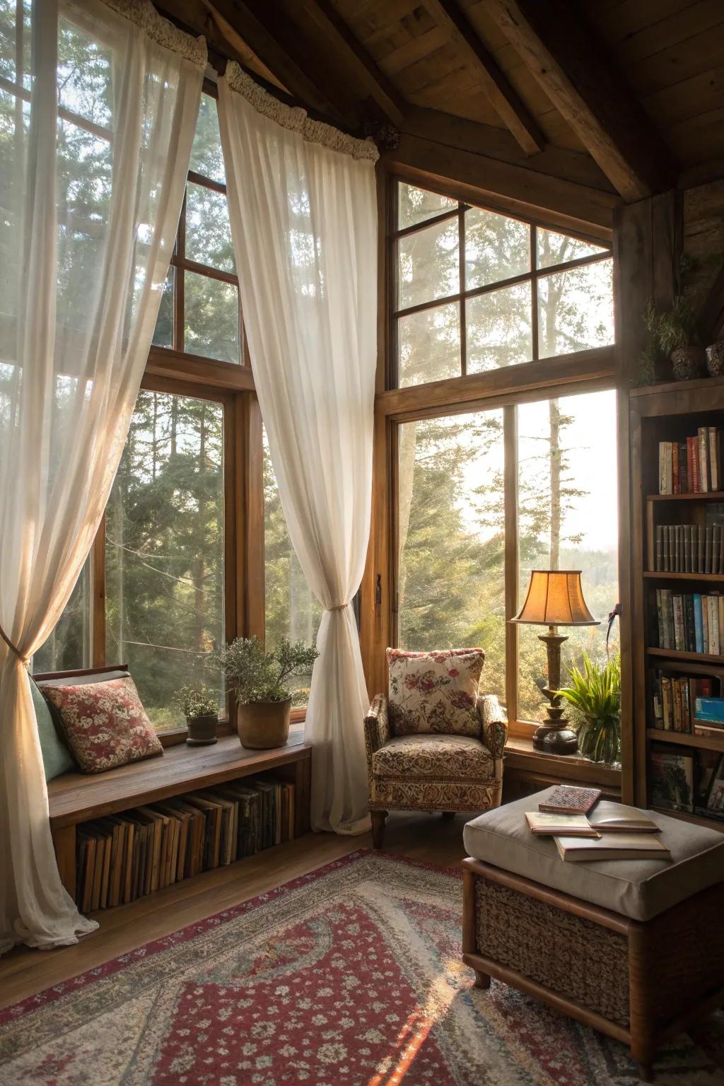 A bright den filled with natural light streaming through large windows.