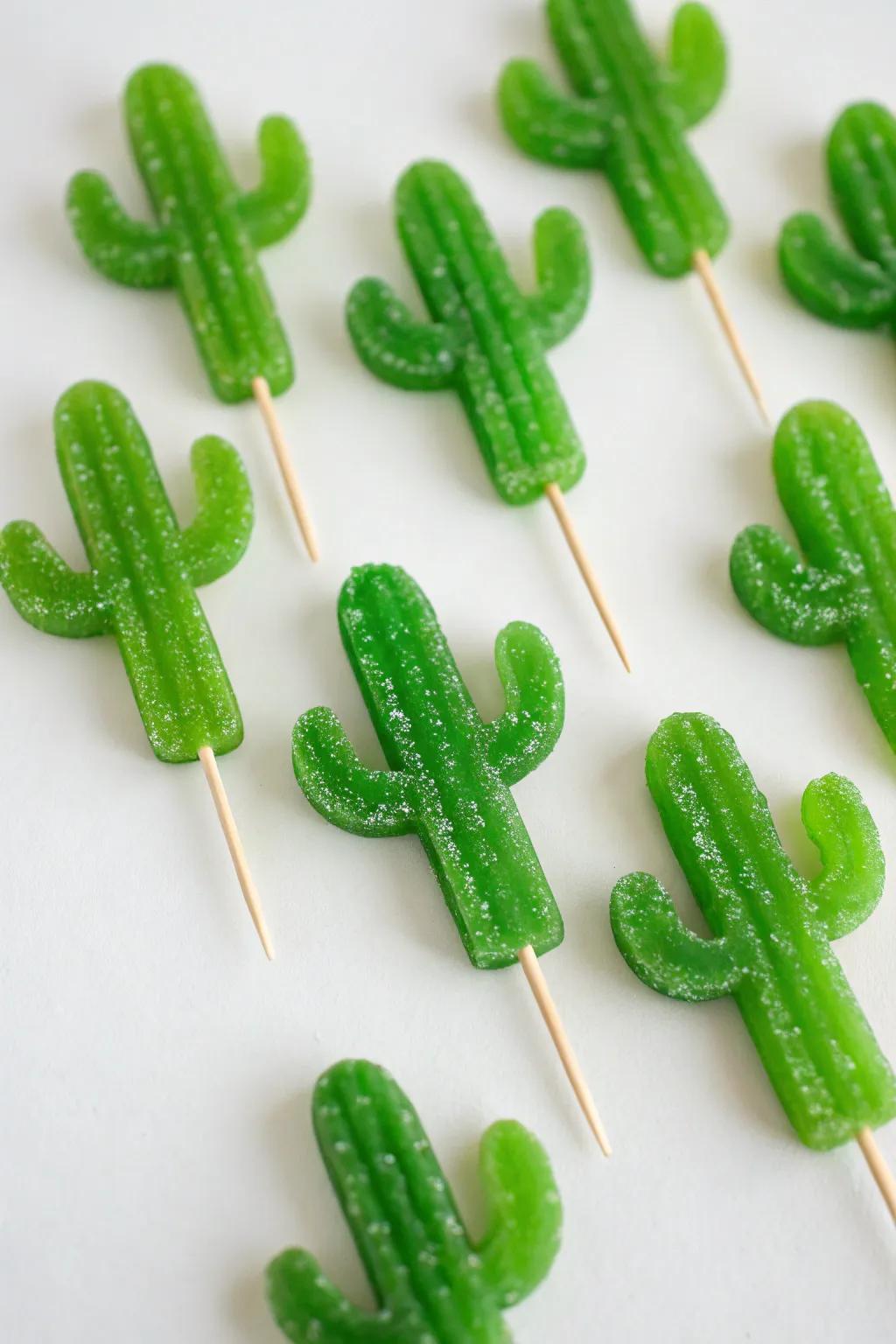Sugar prickly pears made from green gummy sweets and toothpicks.