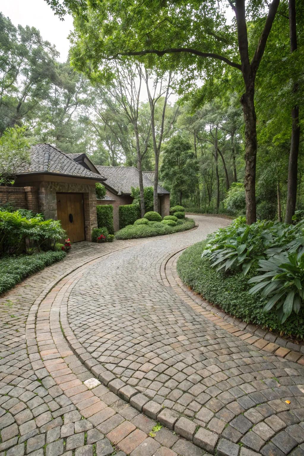 Cobblestones impart timeless allure and texture to this scenic driveway.