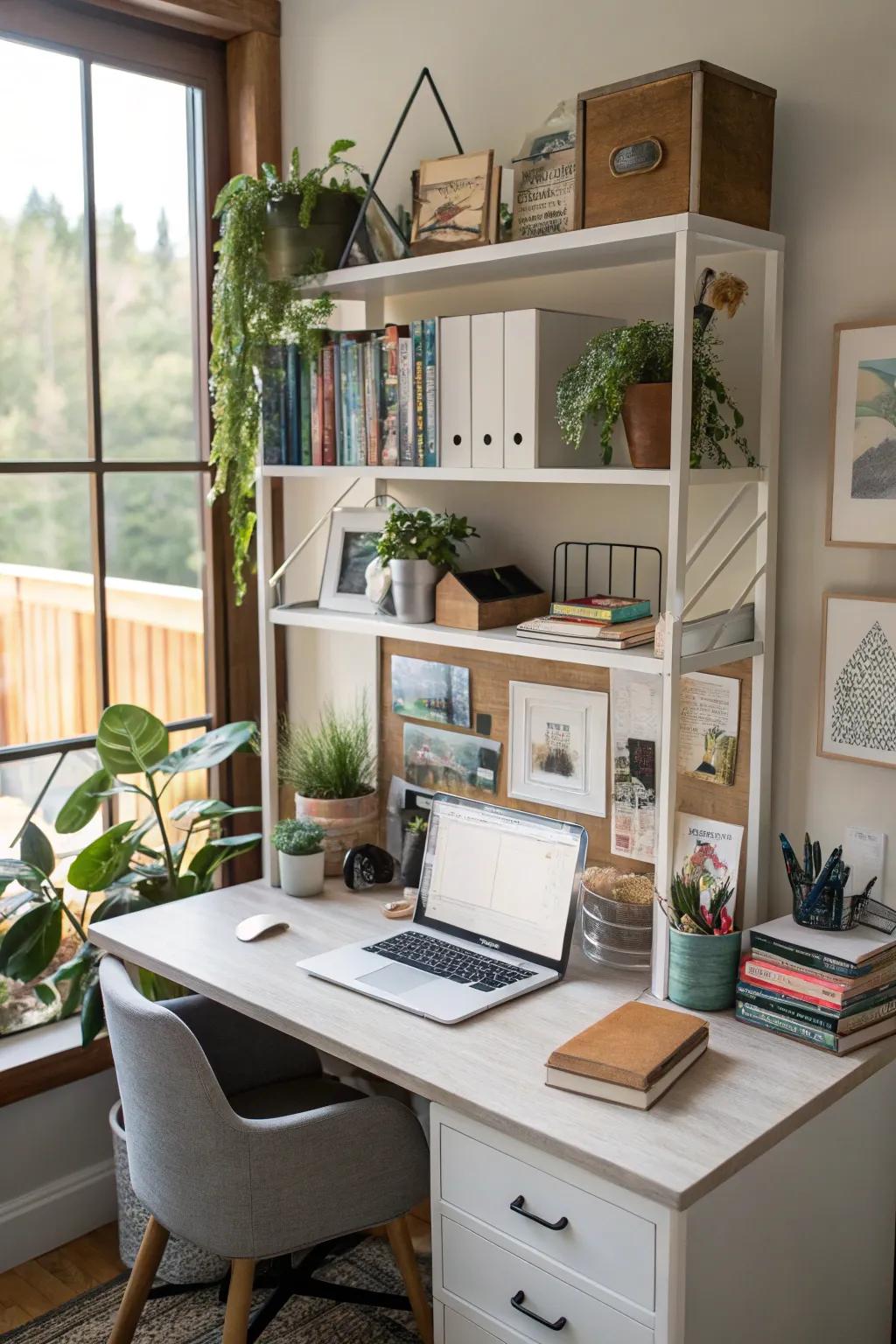 Vertical storage solutions keep your desk area tidy.