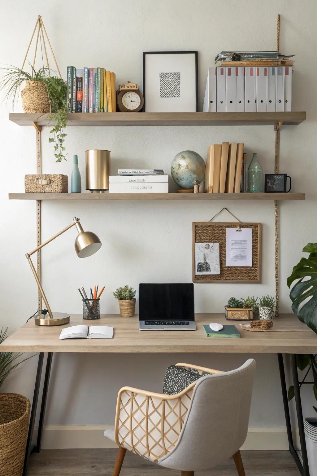 Floating shelves that enhance the balance of the workspace.