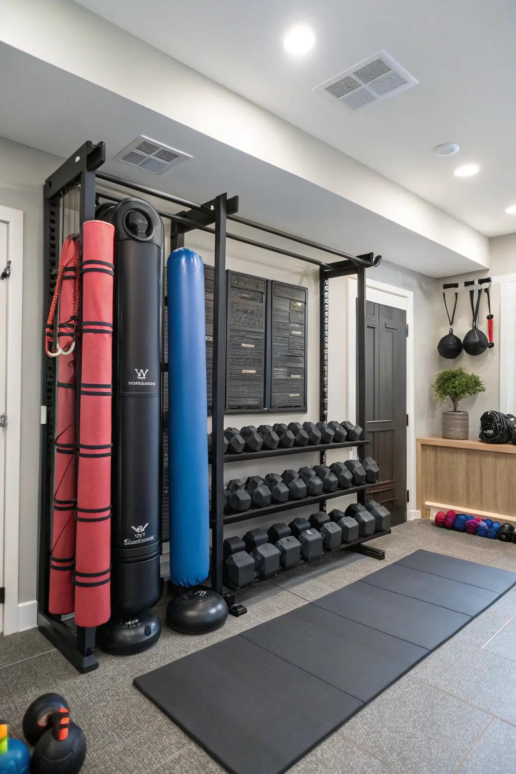 A tidy home gym using wall racking to keep equipment organized and easy to get to.