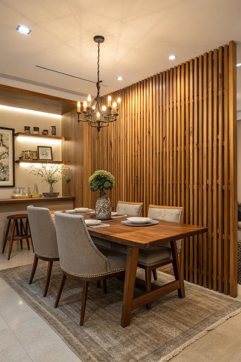 Wood slats offer warmth and texture to dining rooms.