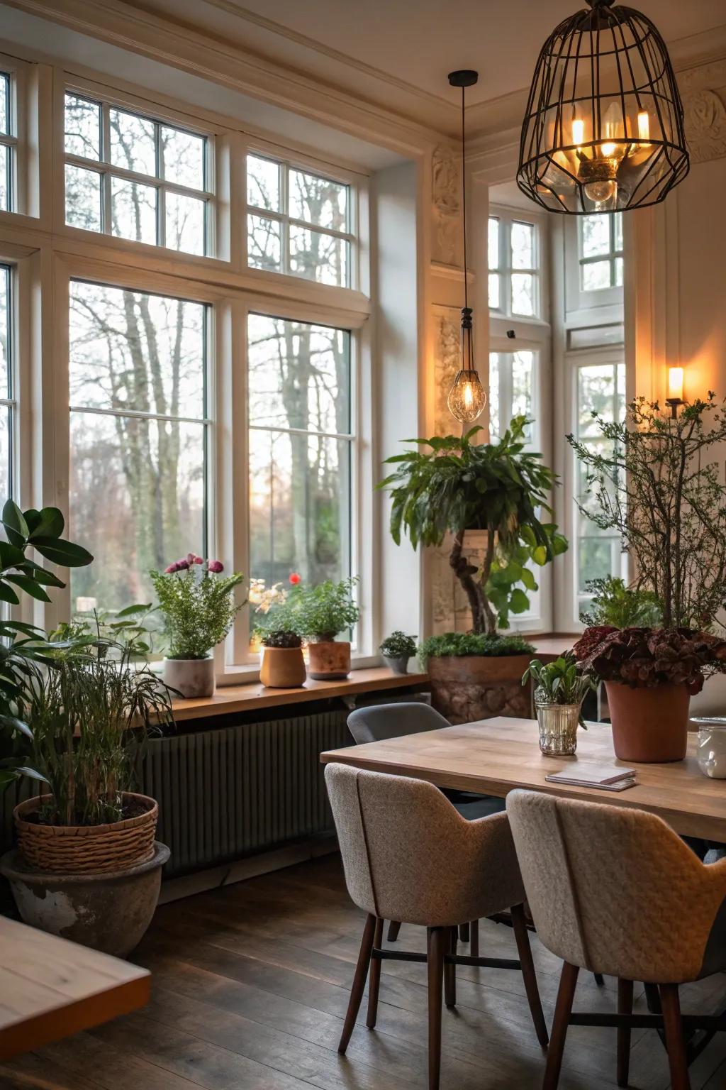 Ornamental embellishments near windows bring warmth and life to your dining area.