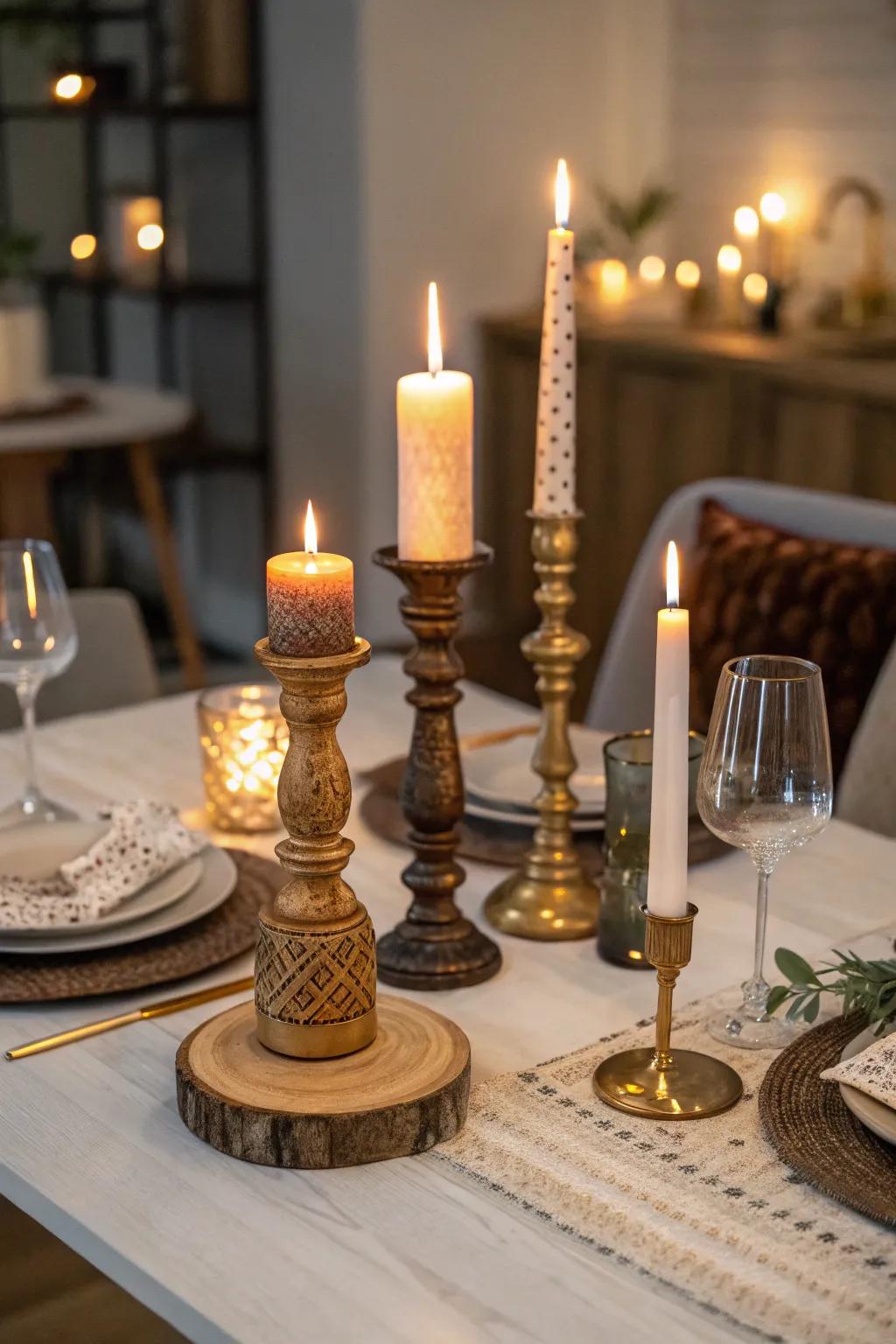A dining table showcasing a variety of light sticks.