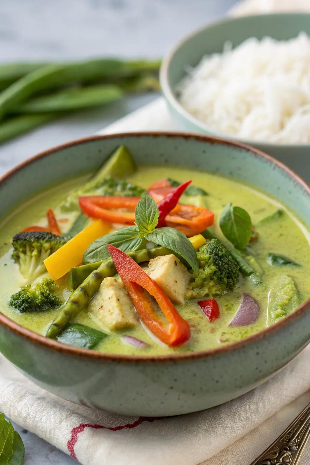 Emerald curry with veggies, spicy and aromatic.