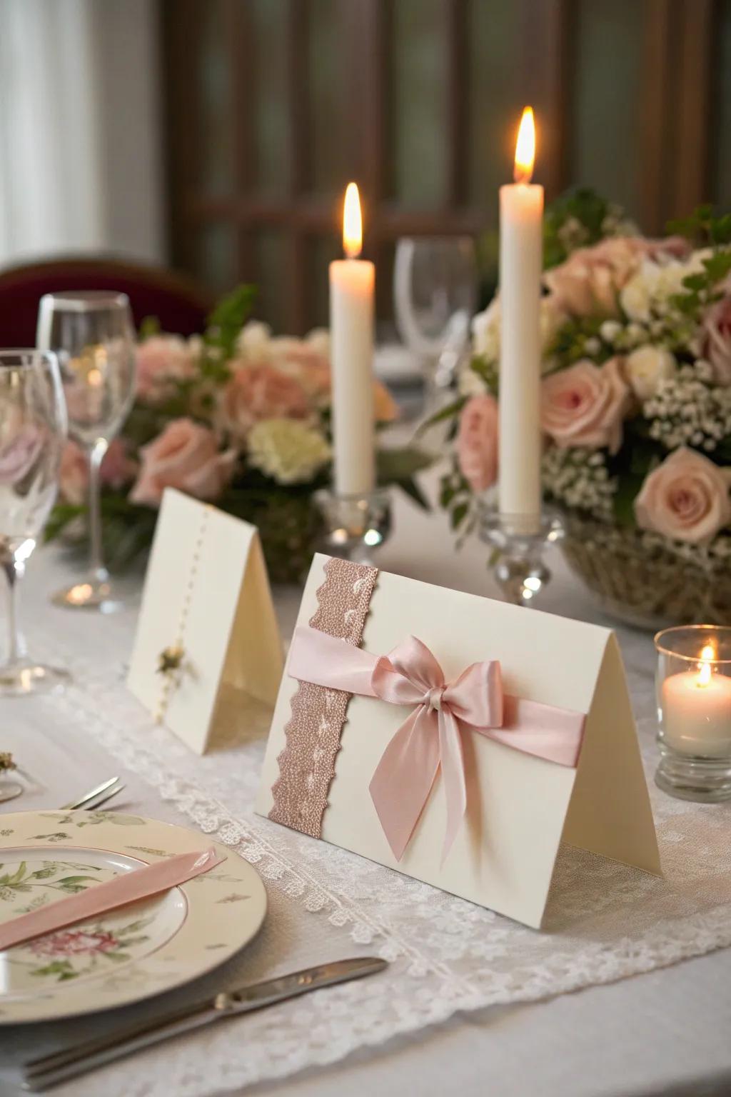 Decorative bands impart a romantic touch to your seating cards.