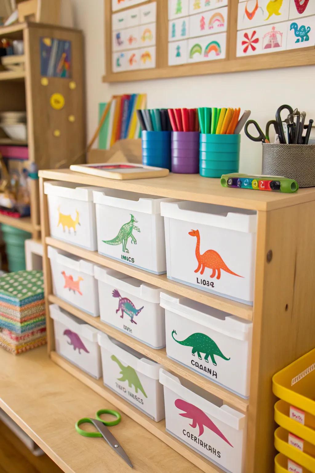 Lizard decals on drawers adding a playful touch to organization.