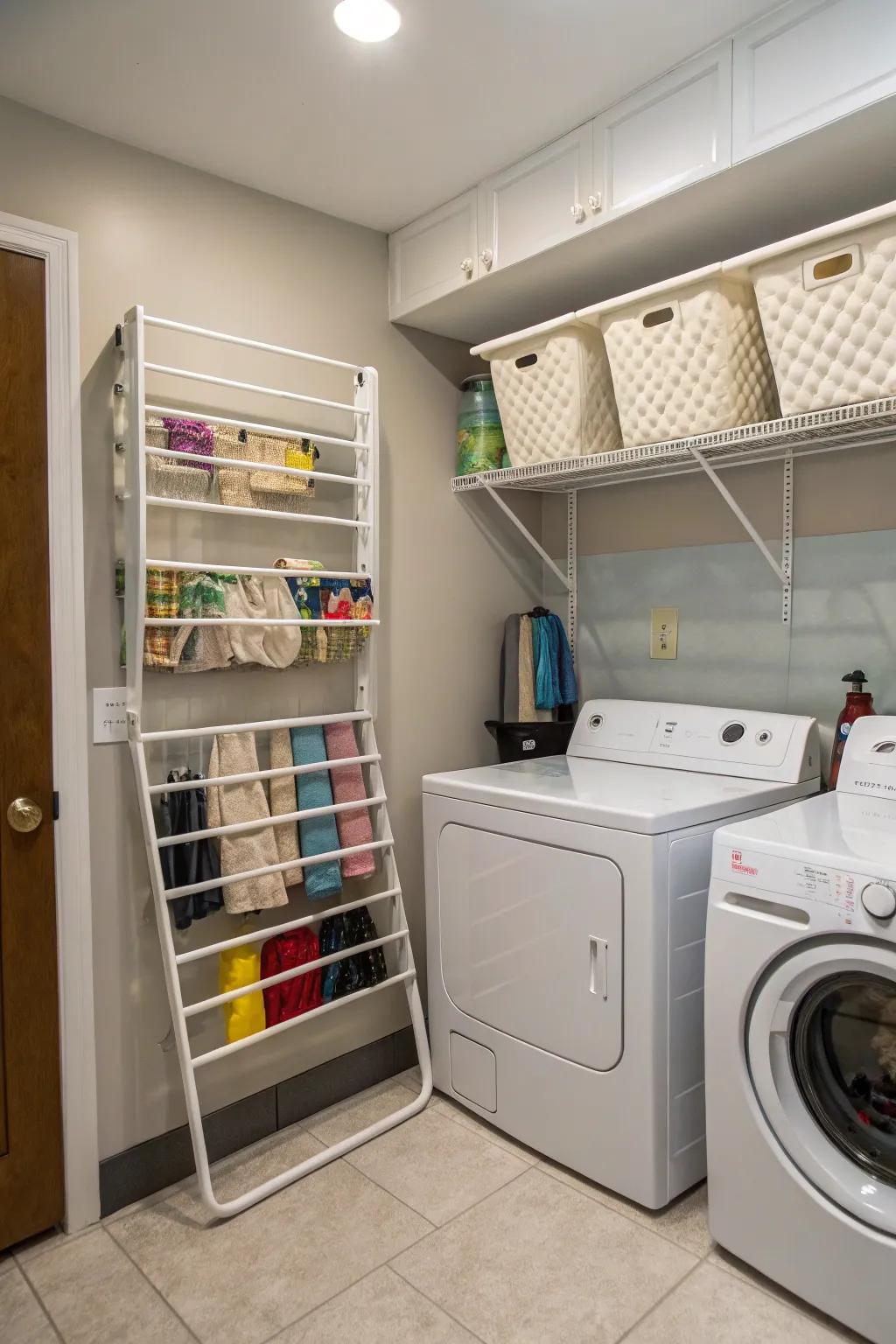 Fold-out racks offer a solution that saves space while drying clothes.