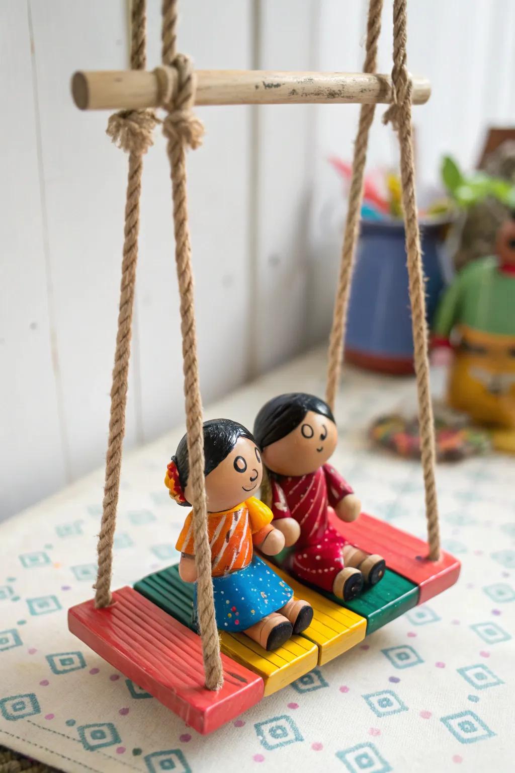 Oscillating figurines impart a playful vibe to the Golu display.