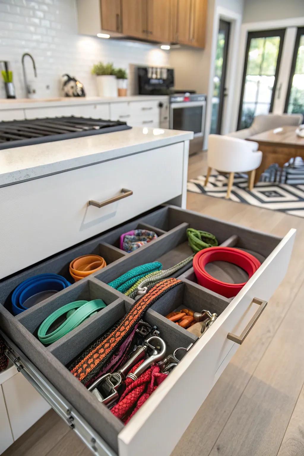 A drawer dedicated to leash organization.