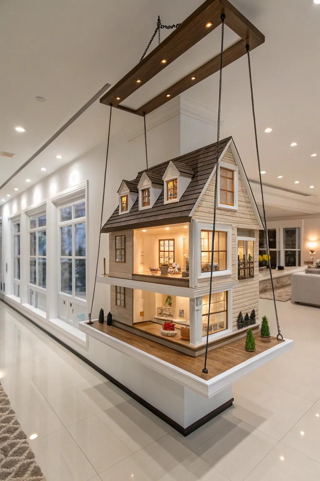 Hanging ledges impart a contemporary spin on dollhouse displays.