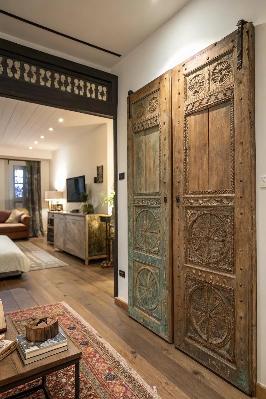 Reclaimed doors infuse this studio apartment with character and a sense of history.