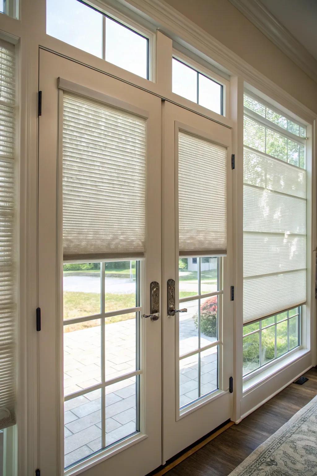 Honeycomb weaves provide seclusion and energy efficiency for door windows.