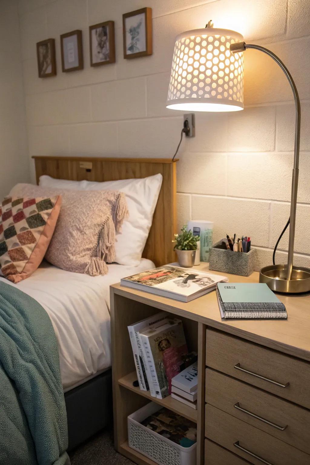 A bedside lamp adds warmth and function to your dorm.