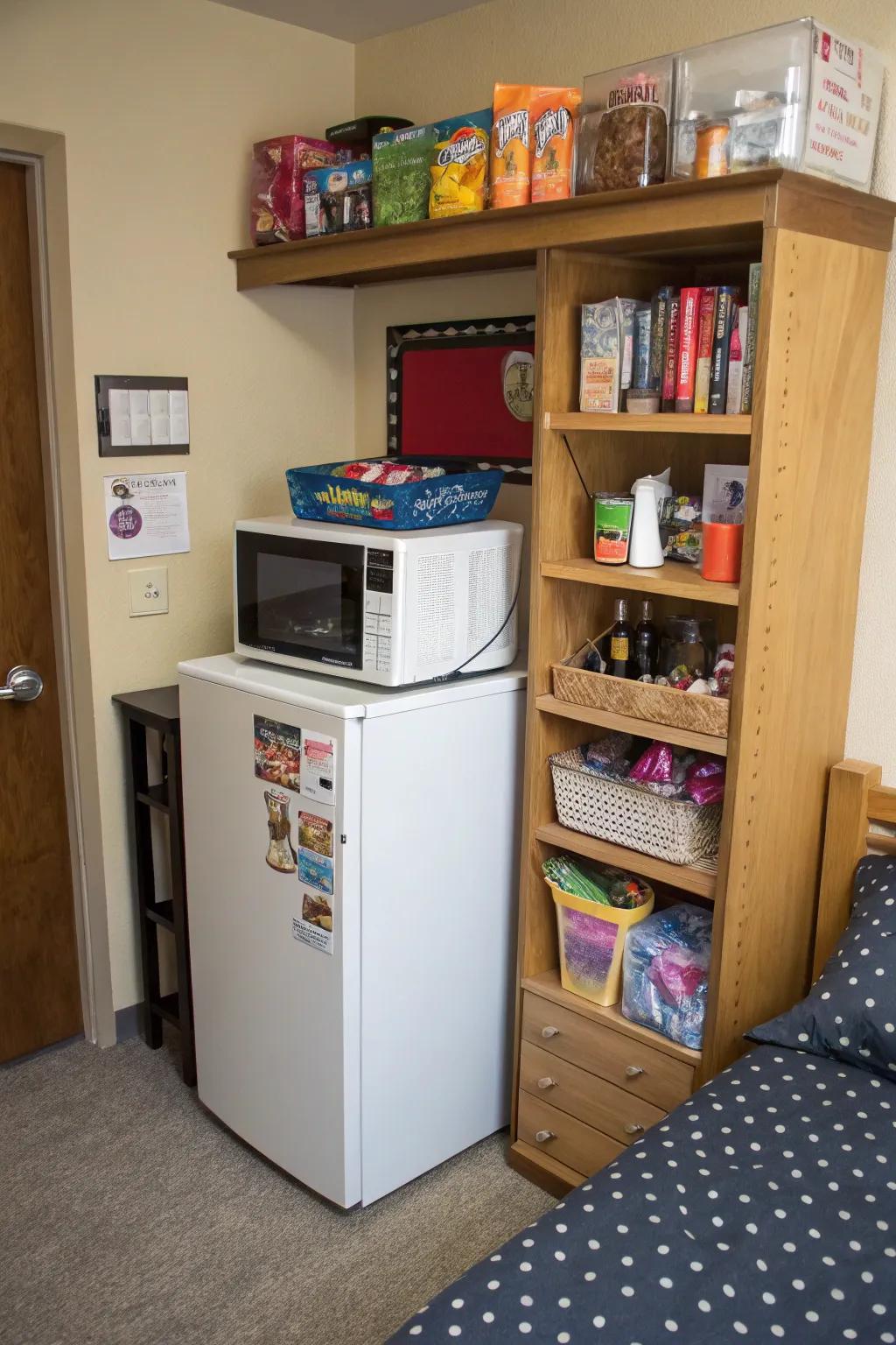 A mini kitchen area keeps your favorite snacks within easy reach.