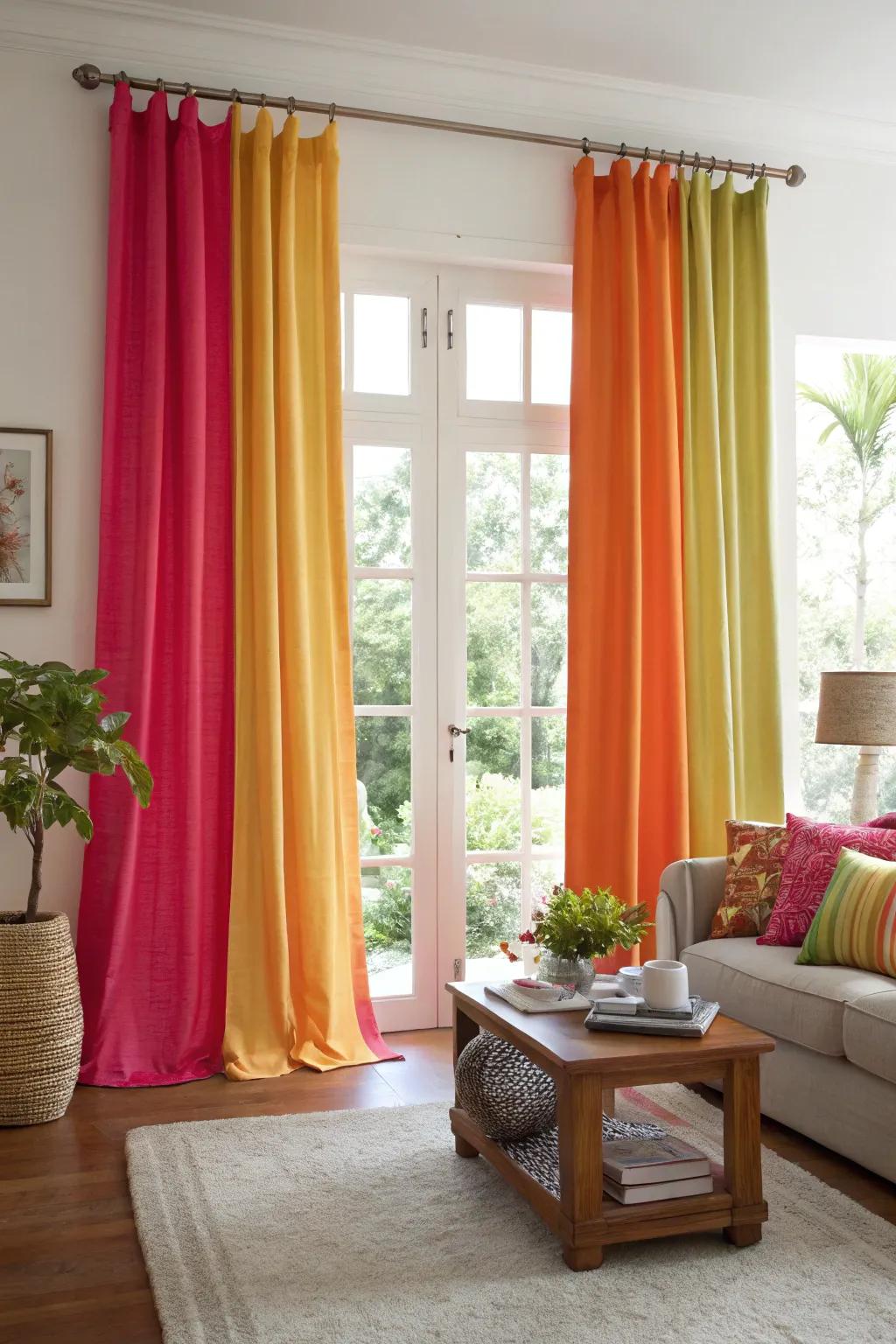 A splash of color in curtains brings vibrancy and personality to this living room.