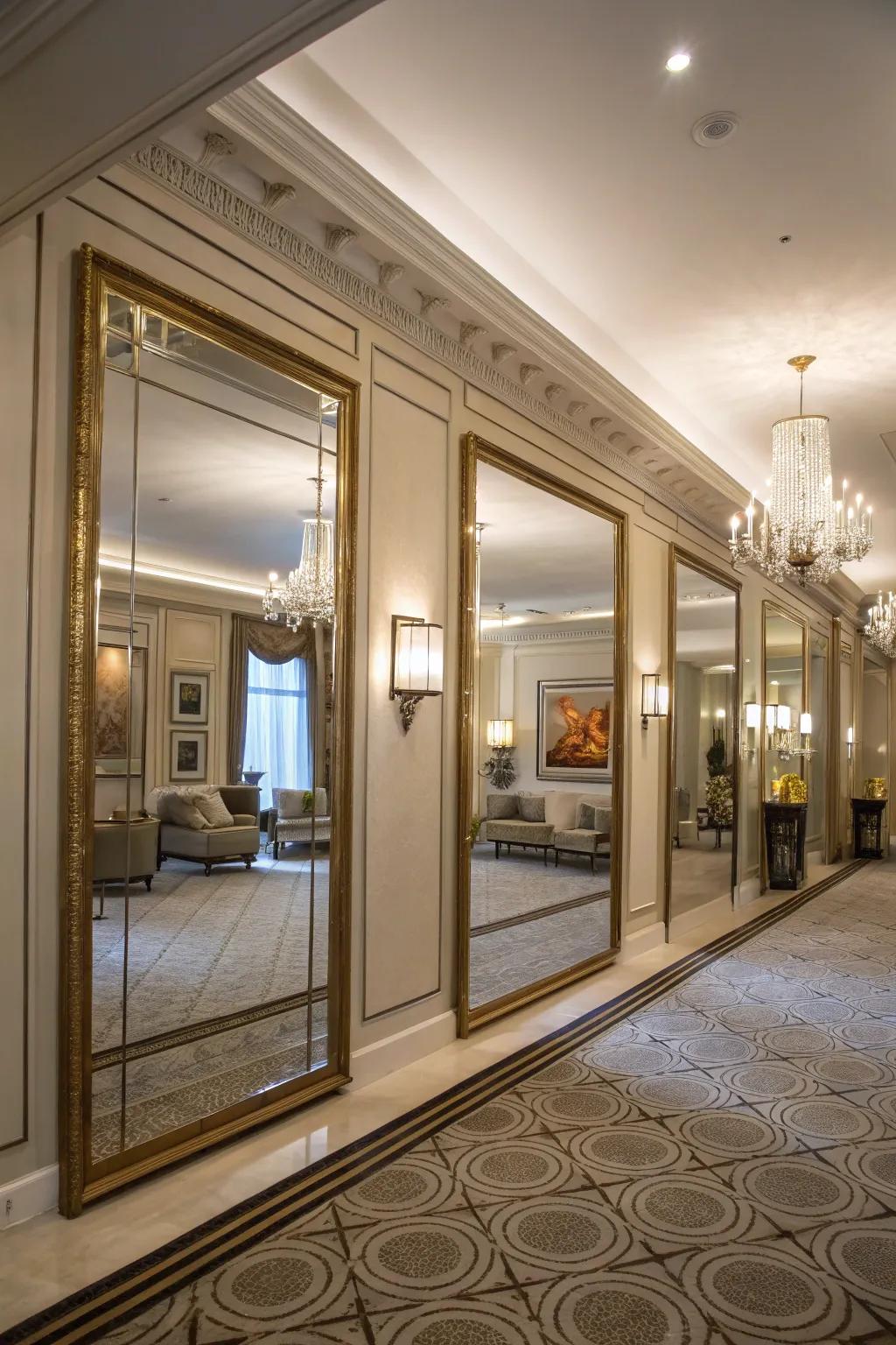 Mirrors add depth and enhance the room's spaciousness.