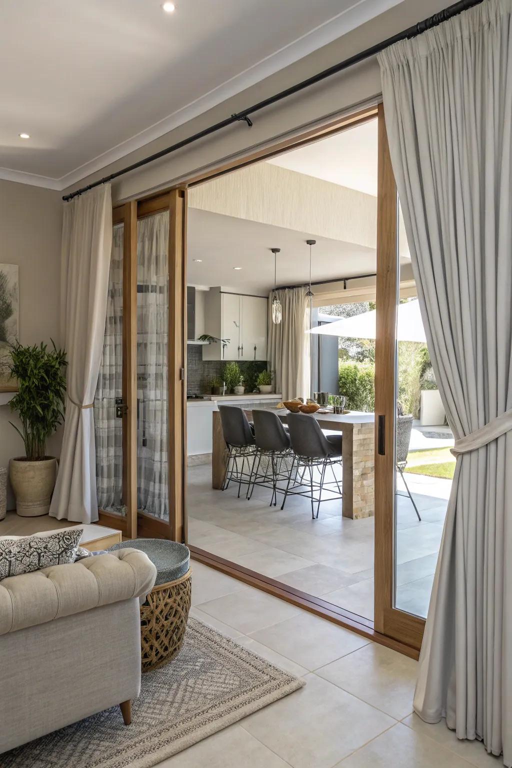 Layered drapes beautifully suit expandable doors.