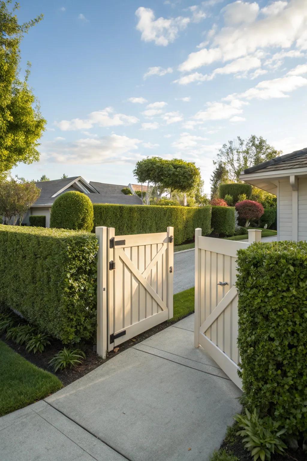 A simple yet elegant gate enhancing a suburban home's style.