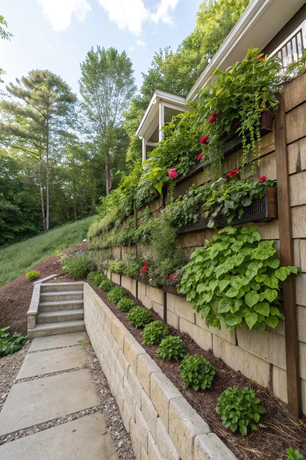 Upright planting injects abundant life onto the standing surfaces of a sloped yard.